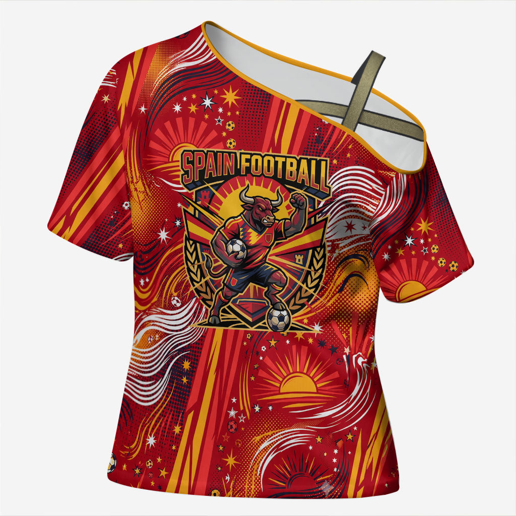 Personalized Spain Football Bull Mascot Cross Shoulder Shirt Dynamic Spanish Sunburst Abstract Flame
