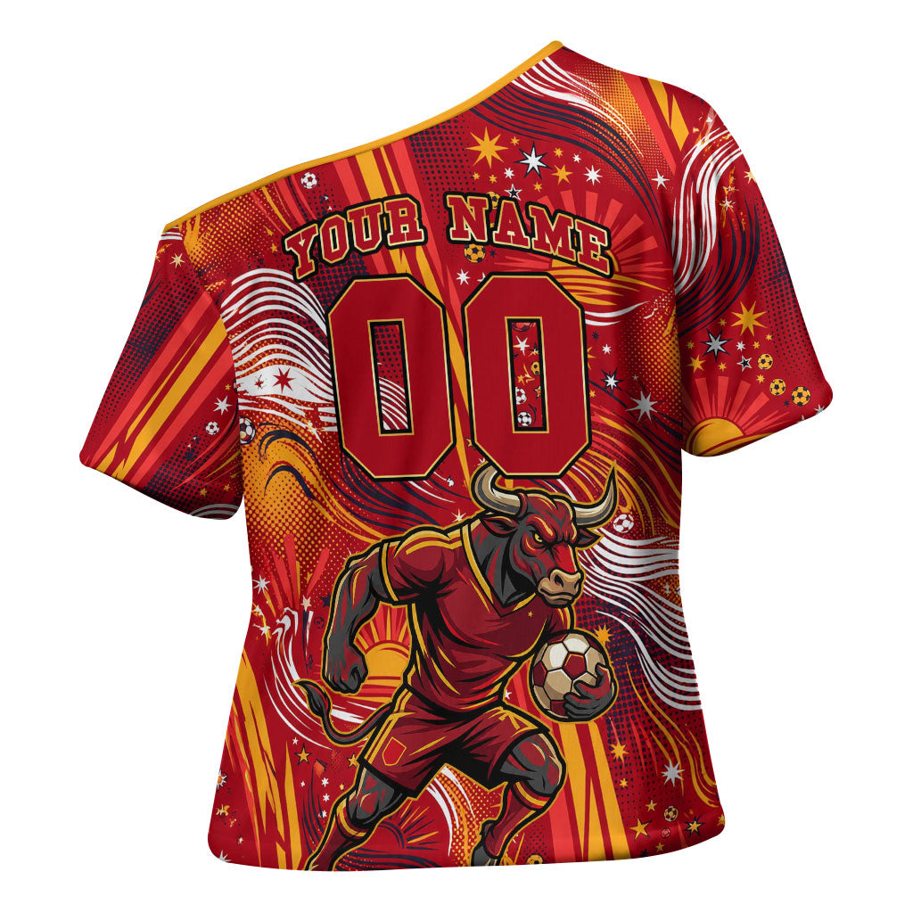 Personalized Spain Football Bull Mascot Cross Shoulder Shirt Dynamic Spanish Sunburst Abstract Flame