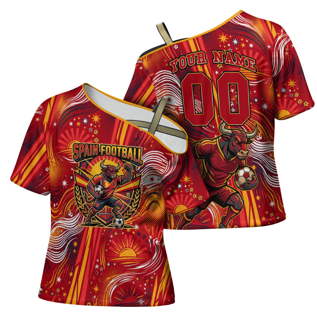 Personalized Spain Football Bull Mascot Cross Shoulder Shirt Dynamic Spanish Sunburst Abstract Flame