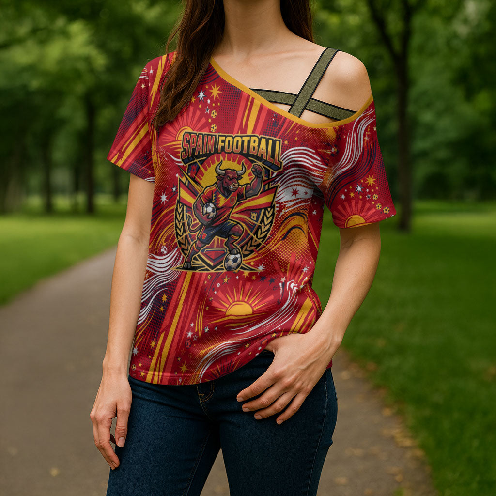Personalized Spain Football Bull Mascot Cross Shoulder Shirt Dynamic Spanish Sunburst Abstract Flame