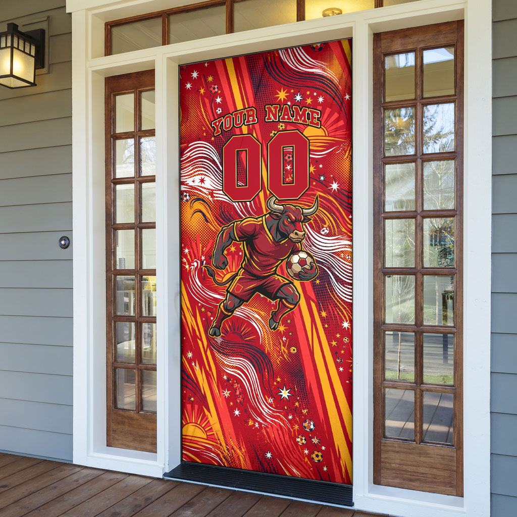 Personalized Spain Football Bull Mascot Door Cover Dynamic Spanish Sunburst Abstract Flame