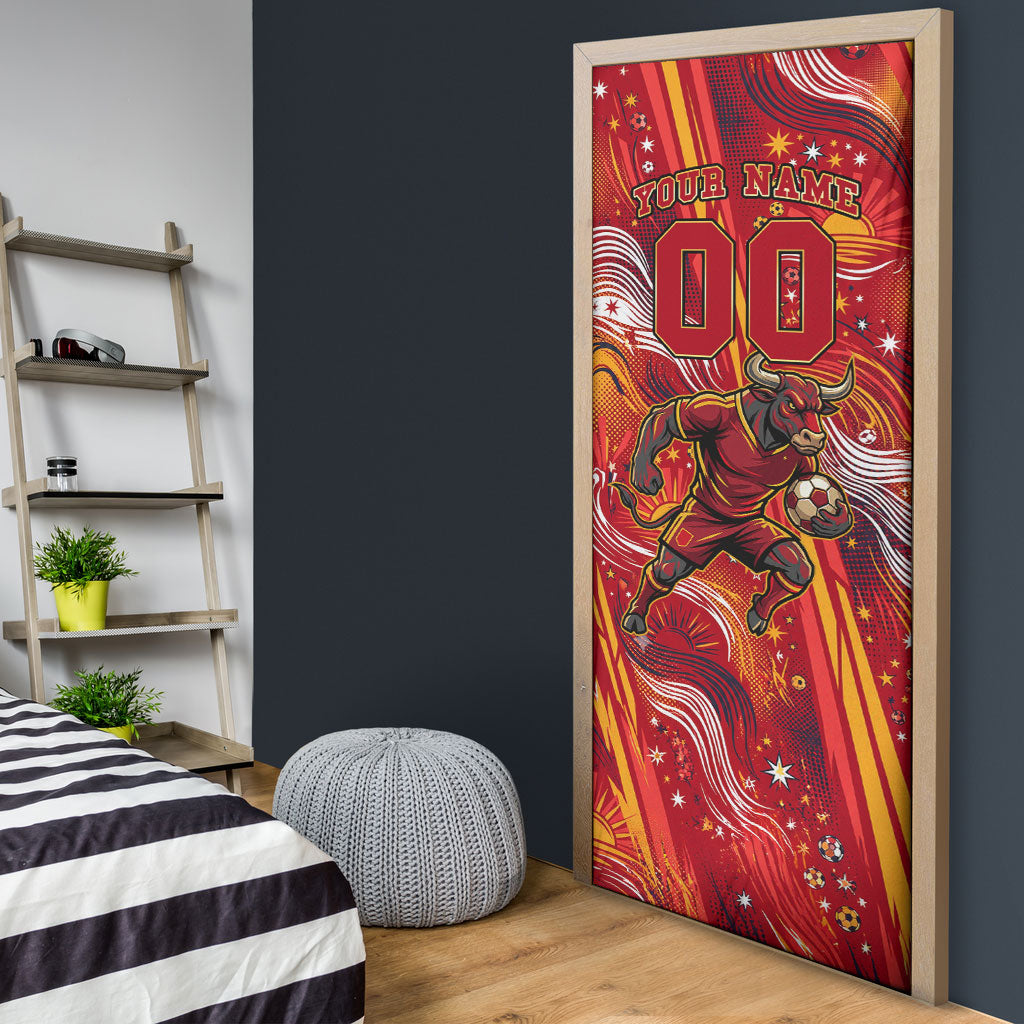 Personalized Spain Football Bull Mascot Door Cover Dynamic Spanish Sunburst Abstract Flame