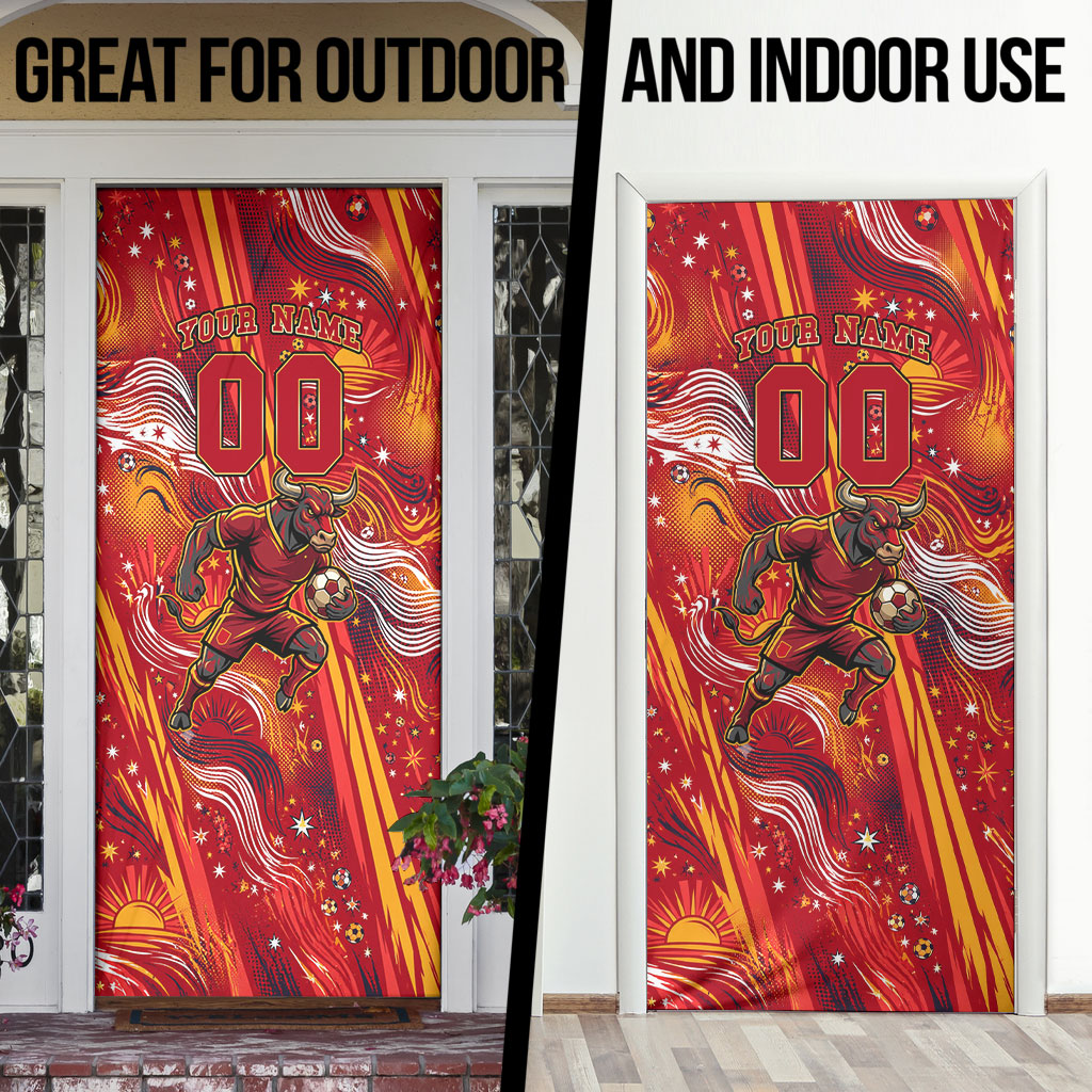 Personalized Spain Football Bull Mascot Door Cover Dynamic Spanish Sunburst Abstract Flame
