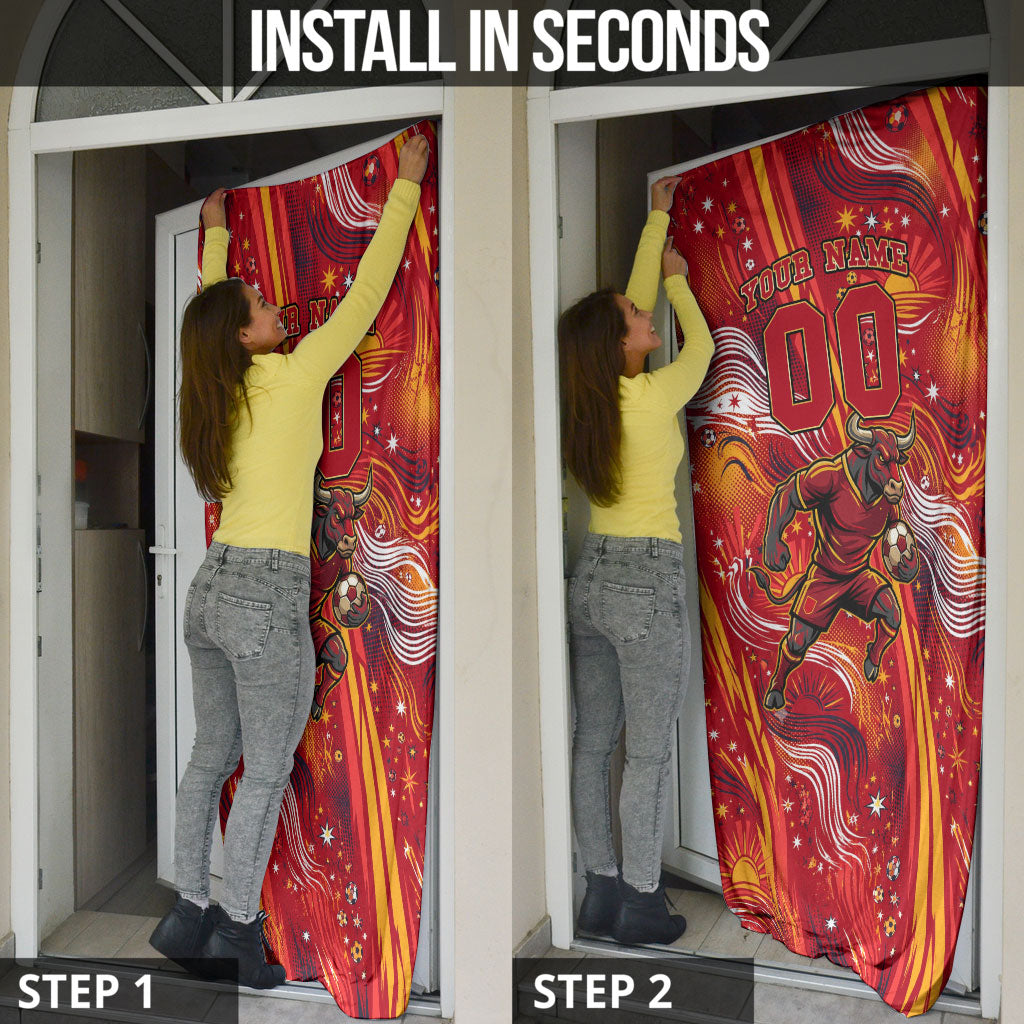 Personalized Spain Football Bull Mascot Door Cover Dynamic Spanish Sunburst Abstract Flame