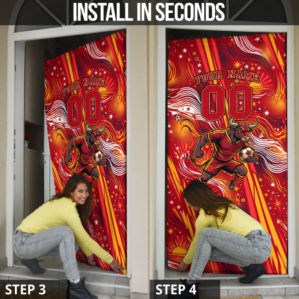Personalized Spain Football Bull Mascot Door Cover Dynamic Spanish Sunburst Abstract Flame