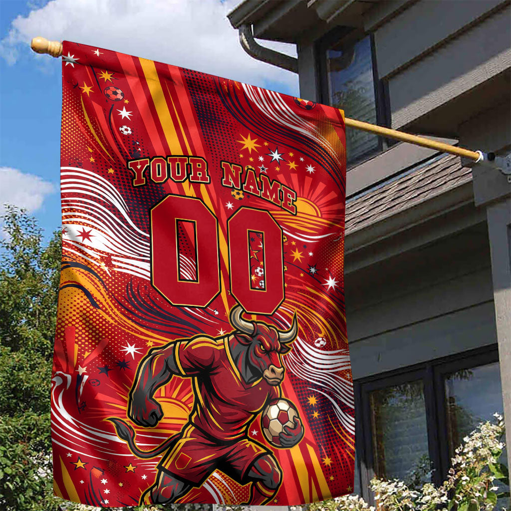 Personalized Spain Football Bull Mascot Garden Flag Dynamic Spanish Sunburst Abstract Flame