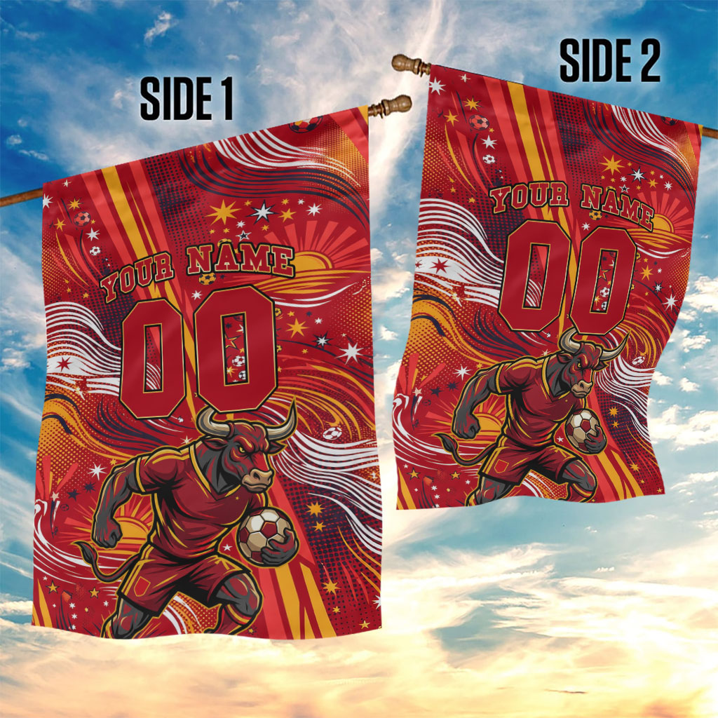 Personalized Spain Football Bull Mascot Garden Flag Dynamic Spanish Sunburst Abstract Flame