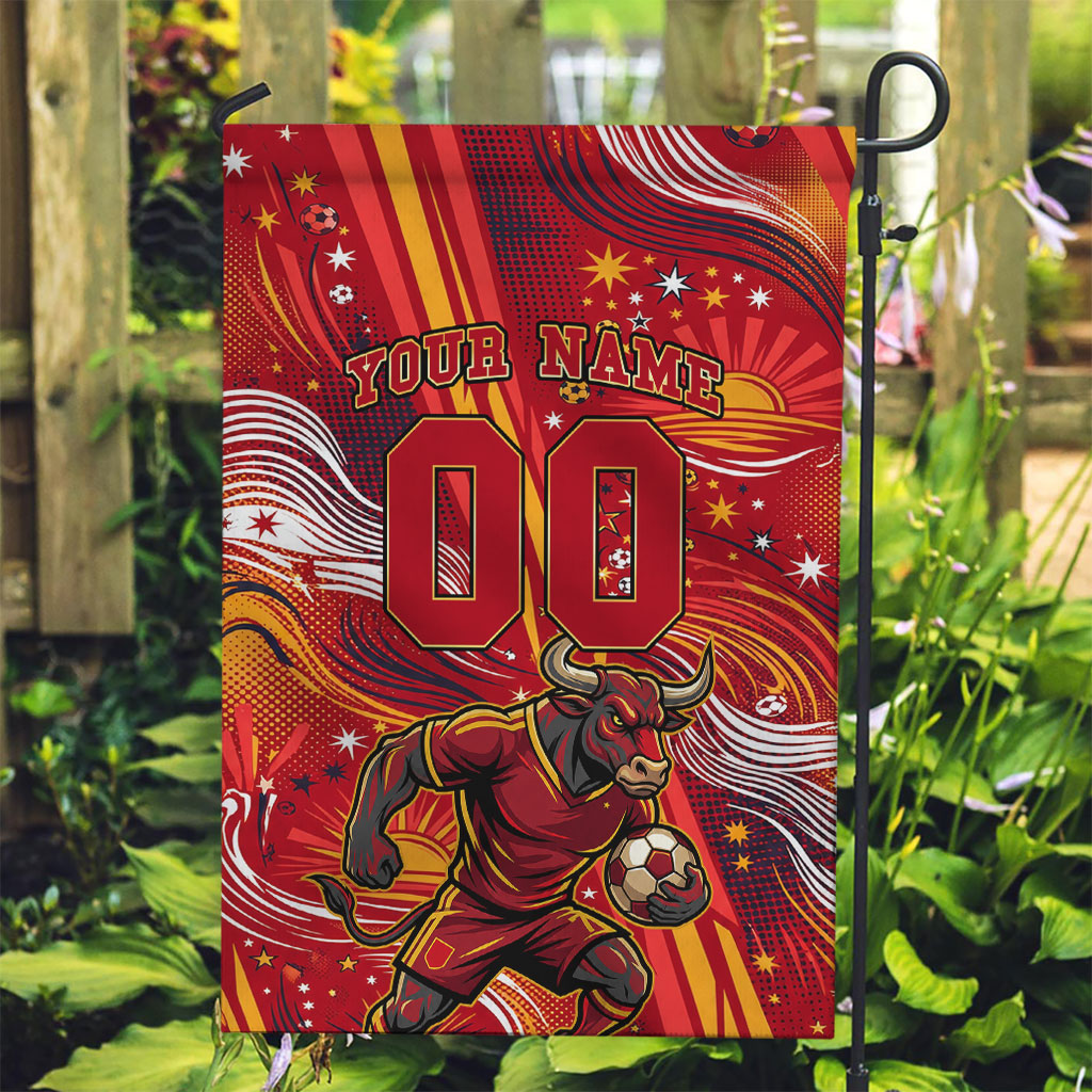 Personalized Spain Football Bull Mascot Garden Flag Dynamic Spanish Sunburst Abstract Flame