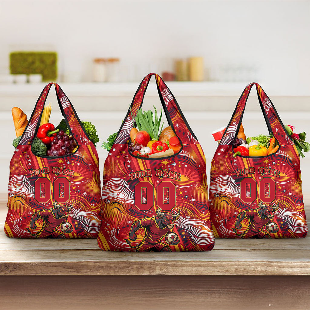 Personalized Spain Football Bull Mascot Grocery Bag Dynamic Spanish Sunburst Abstract Flame