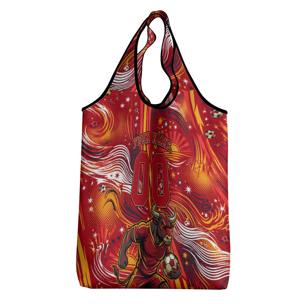 Personalized Spain Football Bull Mascot Grocery Bag Dynamic Spanish Sunburst Abstract Flame