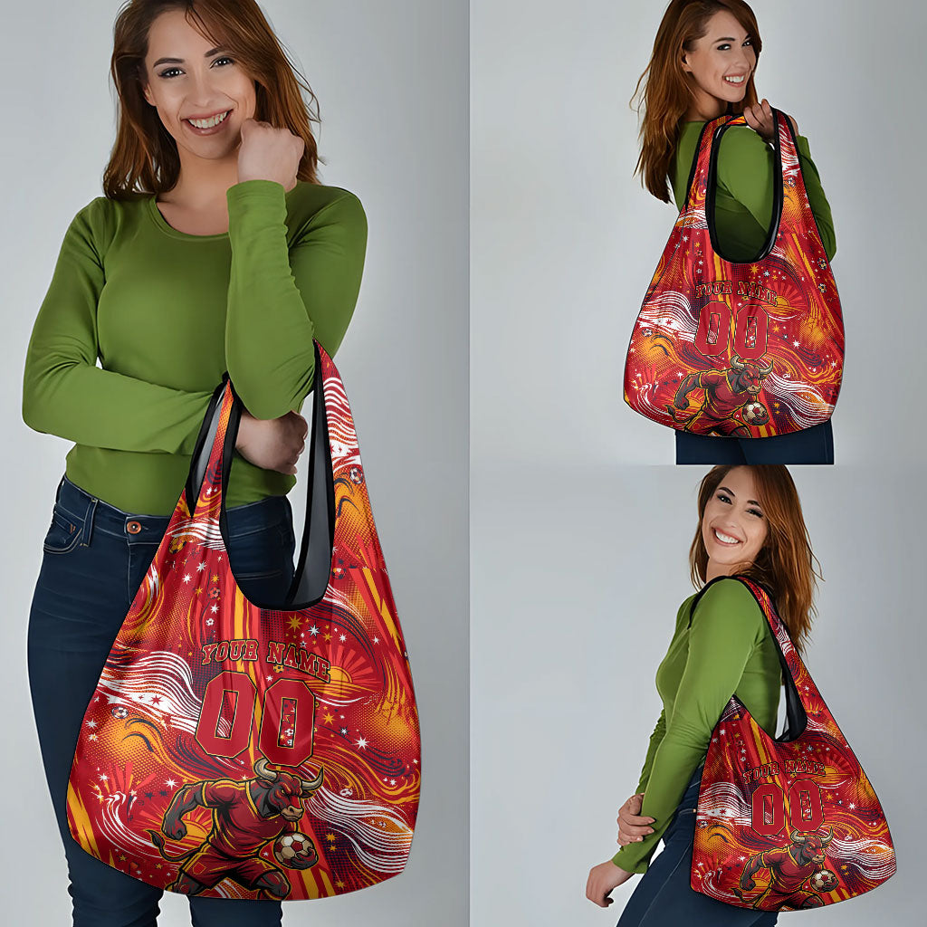 Personalized Spain Football Bull Mascot Grocery Bag Dynamic Spanish Sunburst Abstract Flame