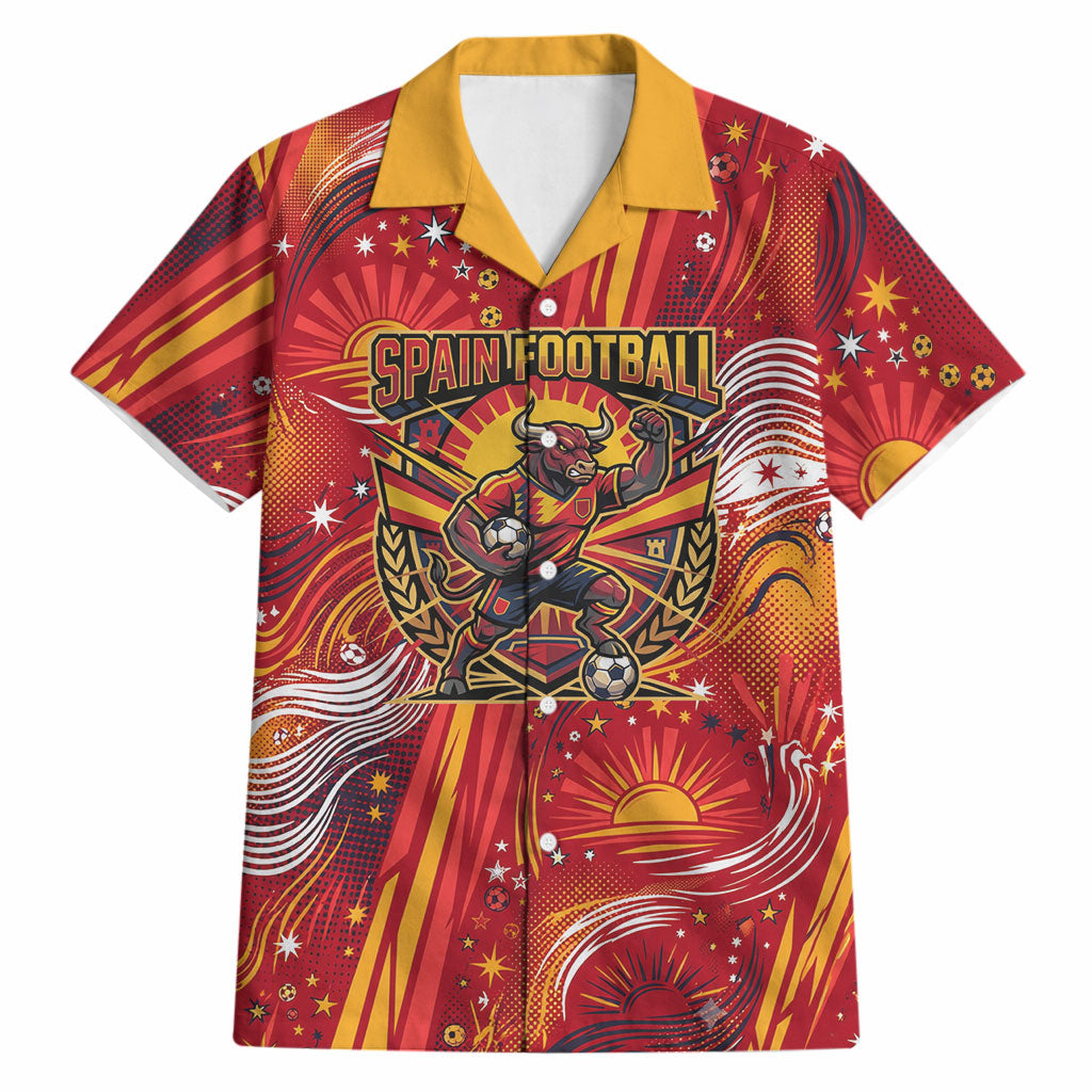 Personalized Spain Football Bull Mascot Hawaiian Shirt Dynamic Spanish Sunburst Abstract Flame