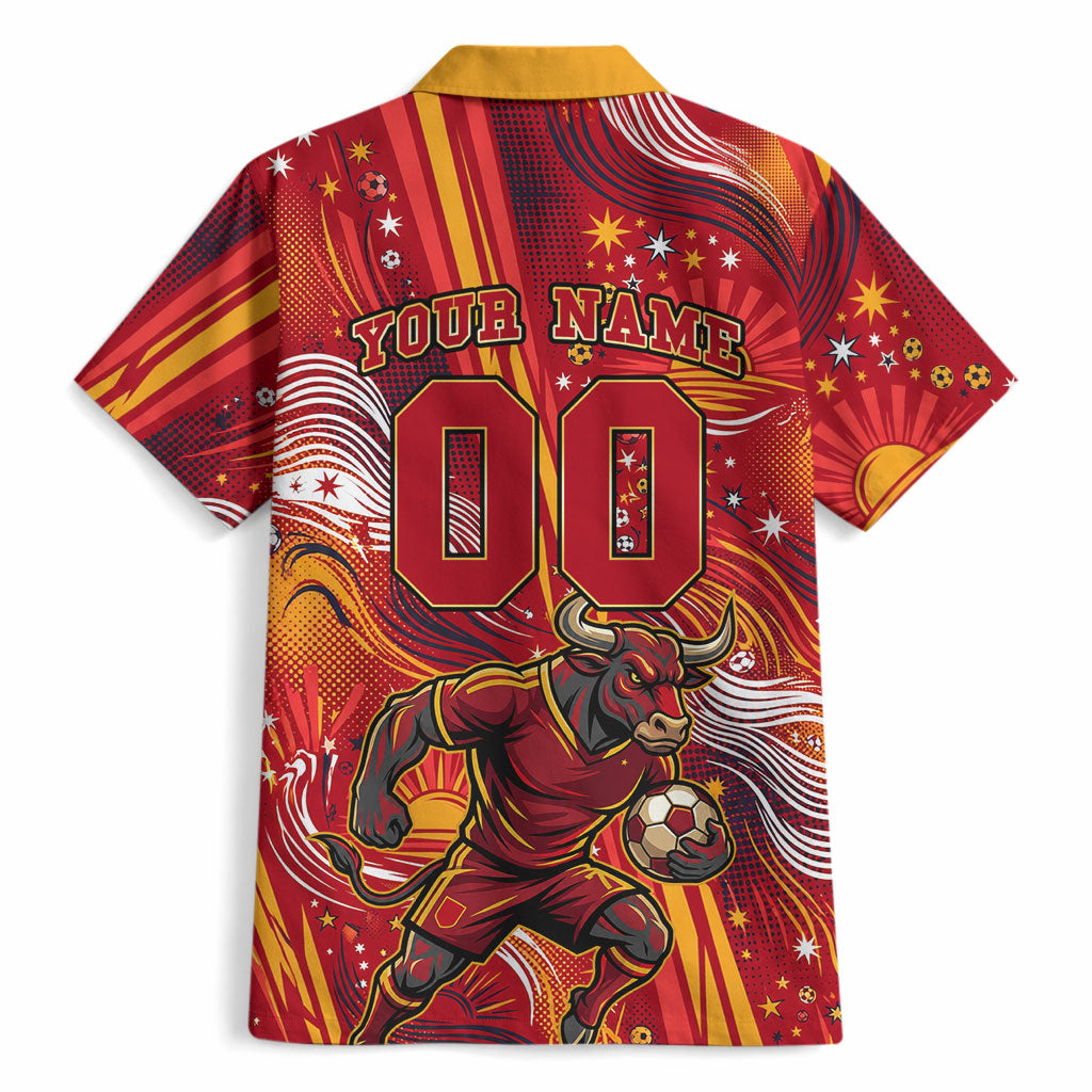 Personalized Spain Football Bull Mascot Hawaiian Shirt Dynamic Spanish Sunburst Abstract Flame
