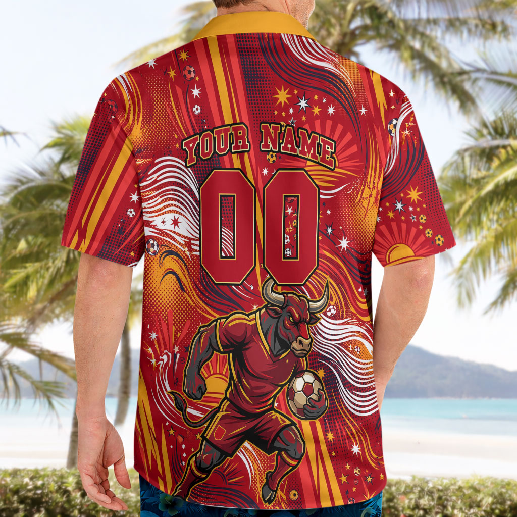 Personalized Spain Football Bull Mascot Hawaiian Shirt Dynamic Spanish Sunburst Abstract Flame
