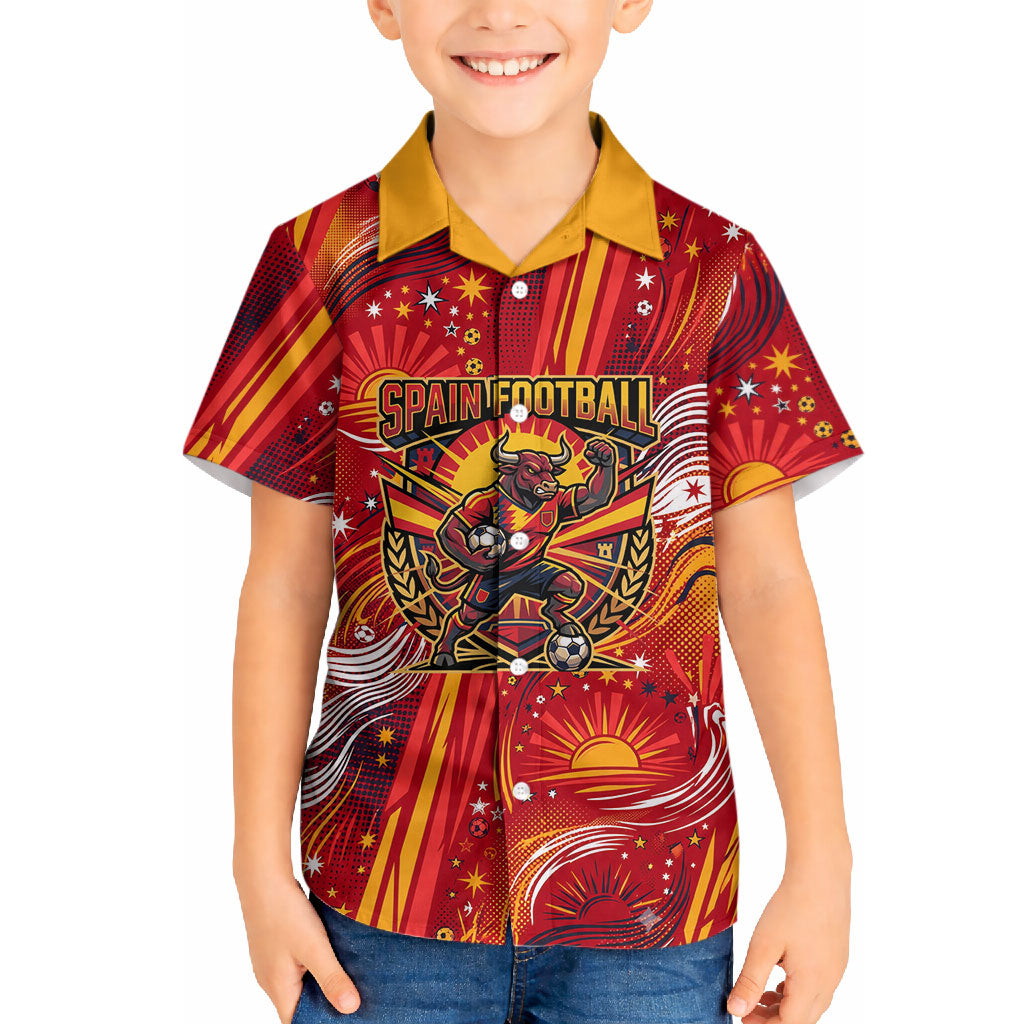 Personalized Spain Football Bull Mascot Hawaiian Shirt Dynamic Spanish Sunburst Abstract Flame