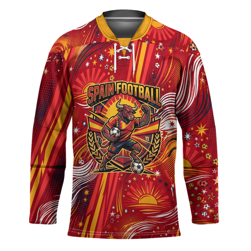 Personalized Spain Football Bull Mascot Hockey Jersey Dynamic Spanish Sunburst Abstract Flame