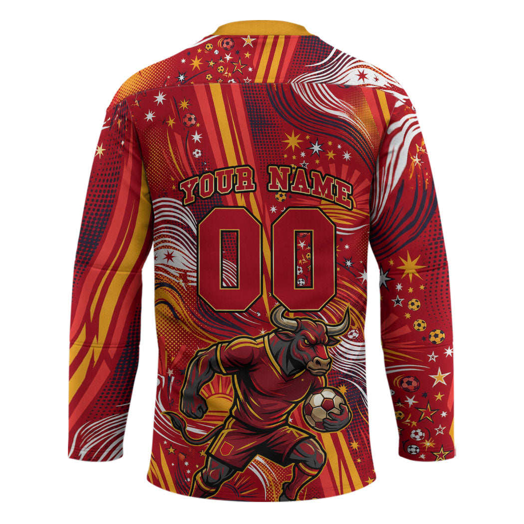 Personalized Spain Football Bull Mascot Hockey Jersey Dynamic Spanish Sunburst Abstract Flame