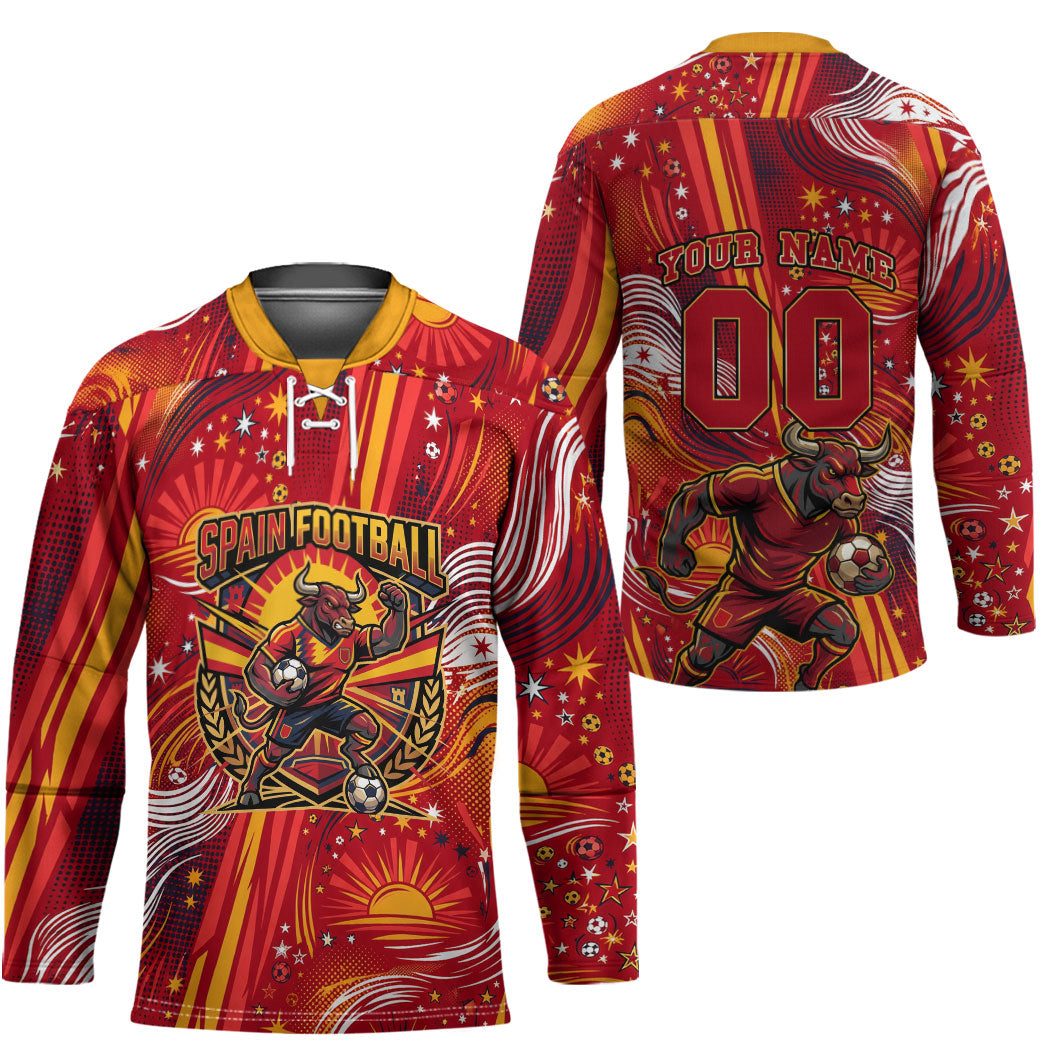 Personalized Spain Football Bull Mascot Hockey Jersey Dynamic Spanish Sunburst Abstract Flame