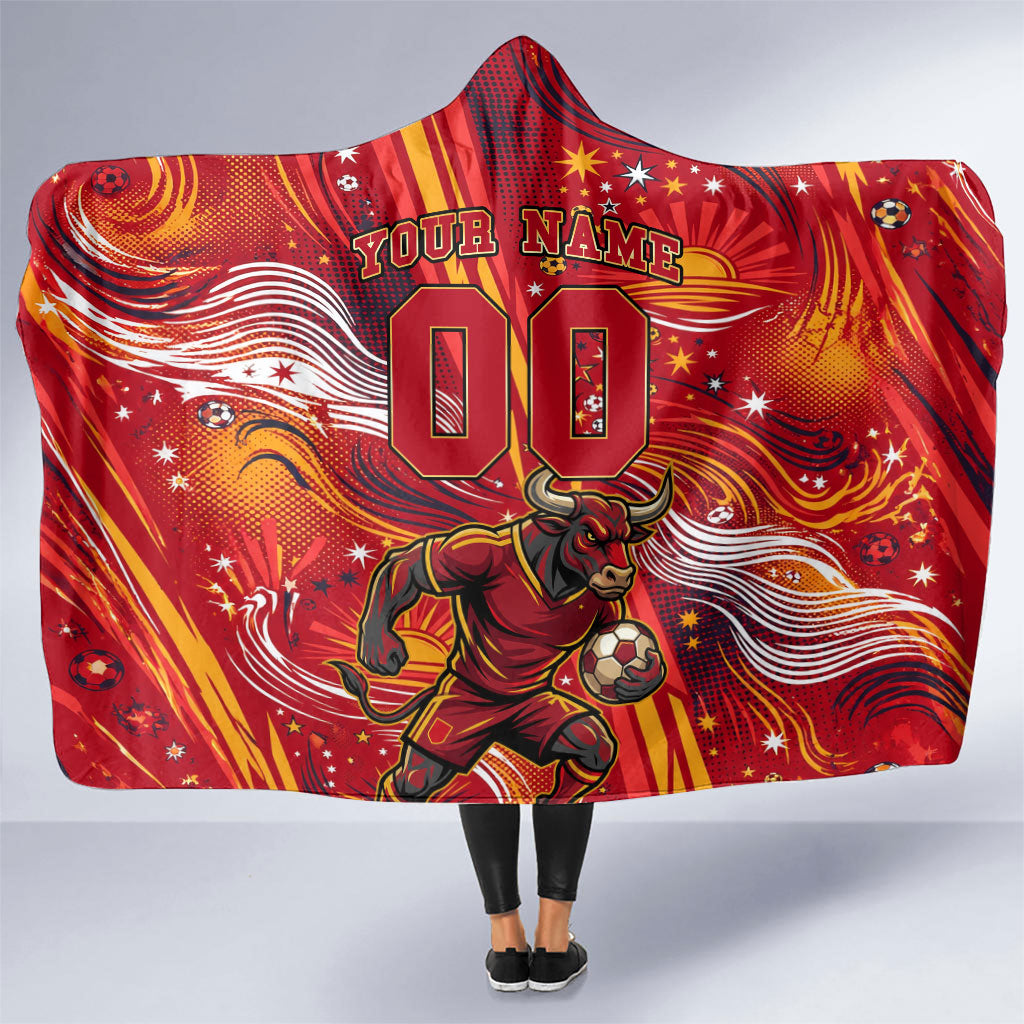 Personalized Spain Football Bull Mascot Hooded Blanket Dynamic Spanish Sunburst Abstract Flame