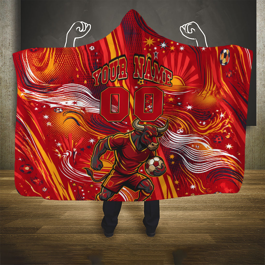 Personalized Spain Football Bull Mascot Hooded Blanket Dynamic Spanish Sunburst Abstract Flame