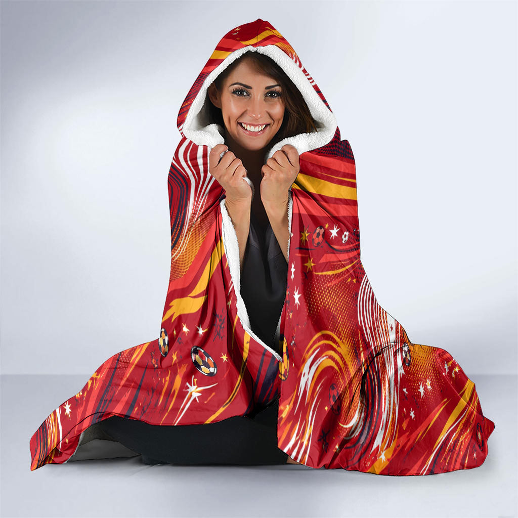 Personalized Spain Football Bull Mascot Hooded Blanket Dynamic Spanish Sunburst Abstract Flame