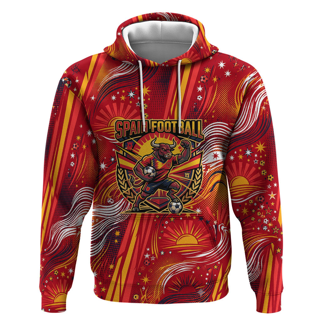 Personalized Spain Football Bull Mascot Hoodie Dynamic Spanish Sunburst Abstract Flame