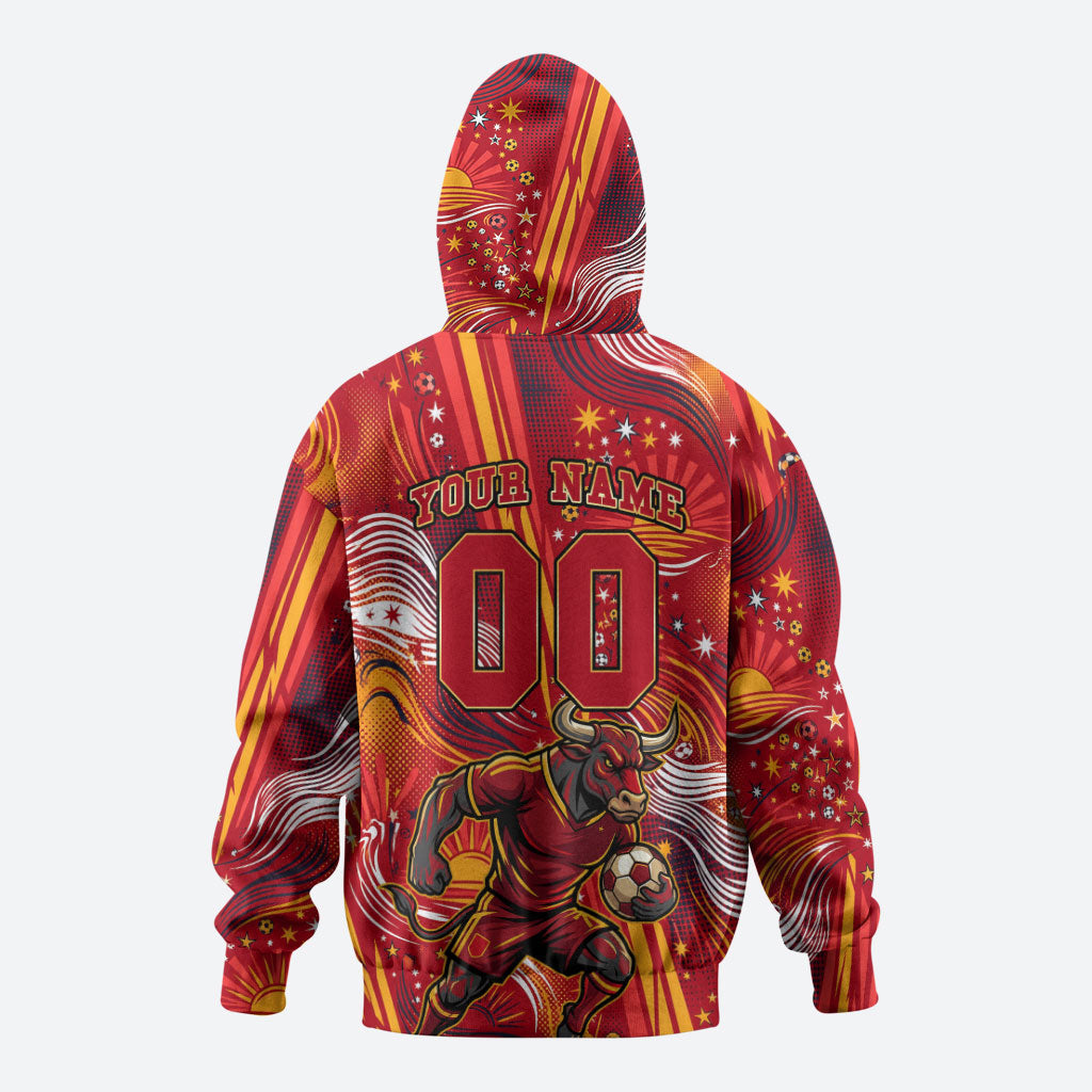 Personalized Spain Football Bull Mascot Hoodie Dynamic Spanish Sunburst Abstract Flame