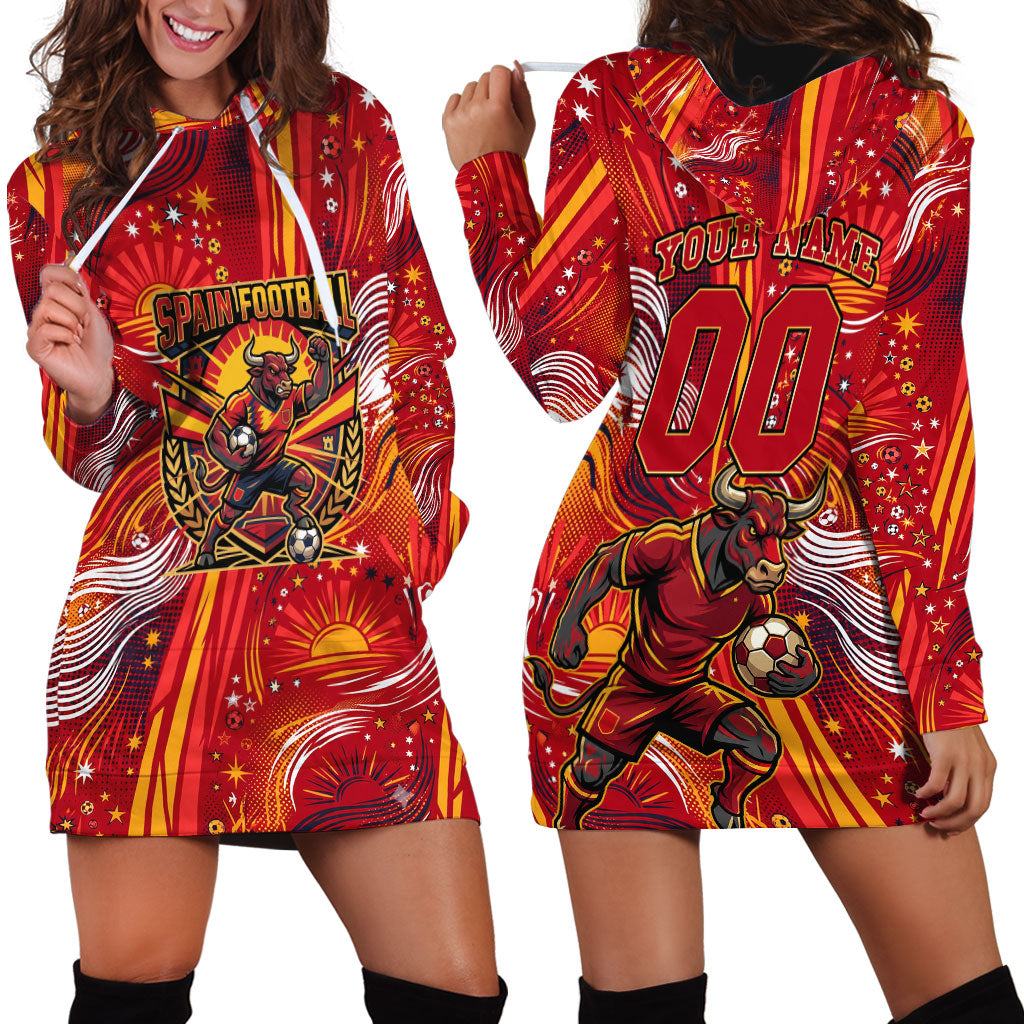 Personalized Spain Football Bull Mascot Hoodie Dress Dynamic Spanish Sunburst Abstract Flame