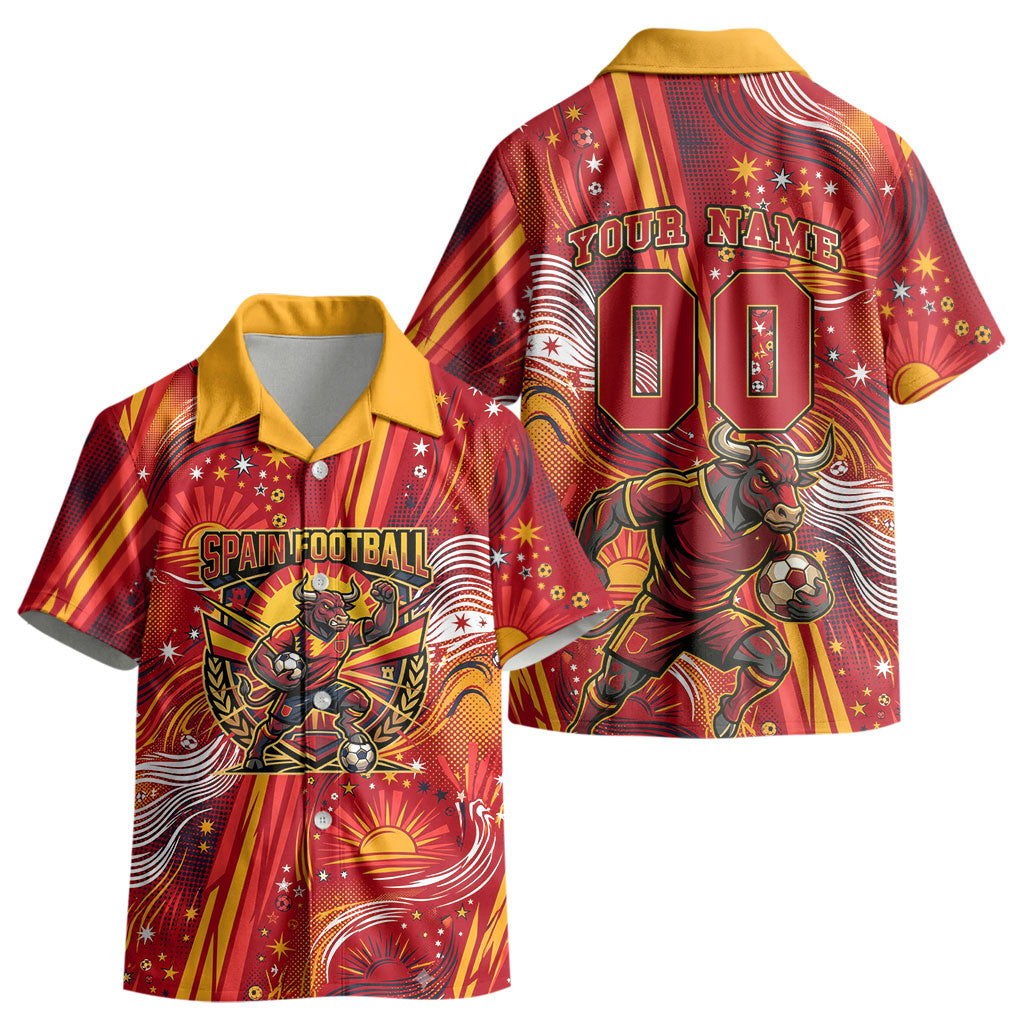 Personalized Spain Football Bull Mascot Kid Hawaiian Shirt Dynamic Spanish Sunburst Abstract Flame