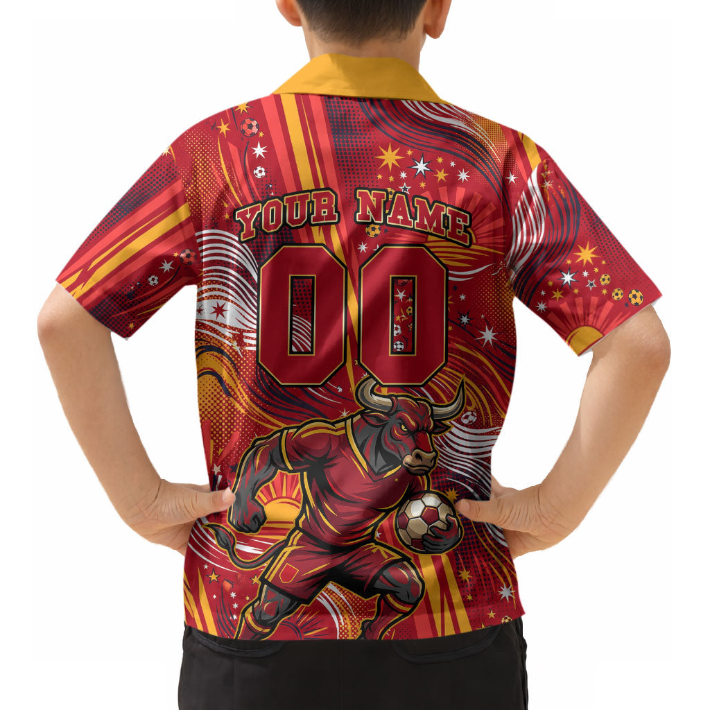 Personalized Spain Football Bull Mascot Kid Hawaiian Shirt Dynamic Spanish Sunburst Abstract Flame