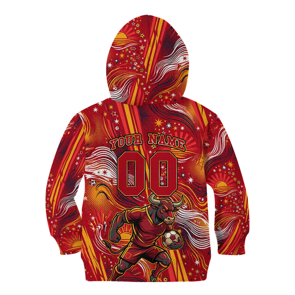 Personalized Spain Football Bull Mascot Kid Hoodie Dynamic Spanish Sunburst Abstract Flame