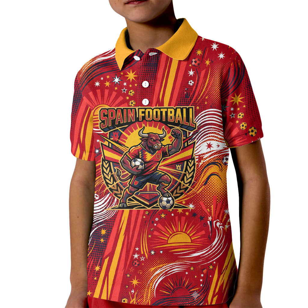 Personalized Spain Football Bull Mascot Kid Polo Shirt Dynamic Spanish Sunburst Abstract Flame