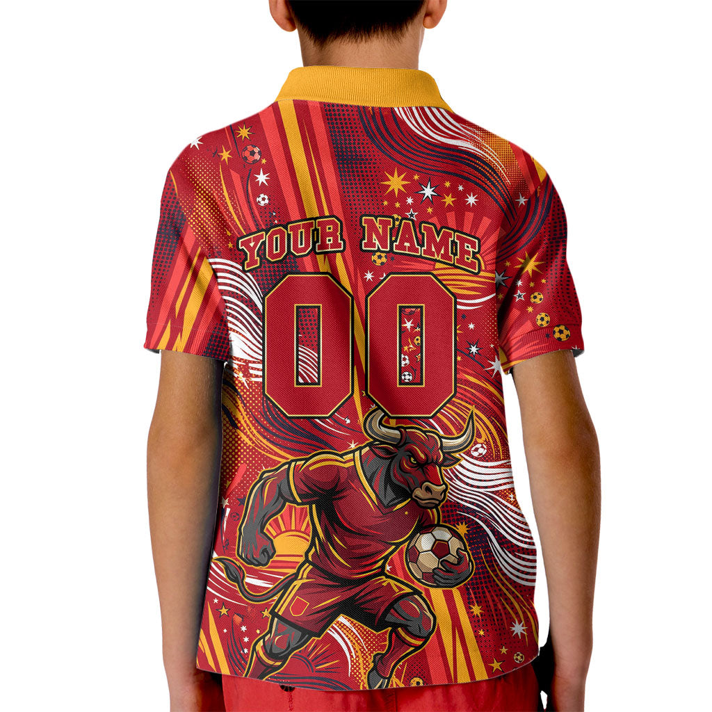 Personalized Spain Football Bull Mascot Kid Polo Shirt Dynamic Spanish Sunburst Abstract Flame