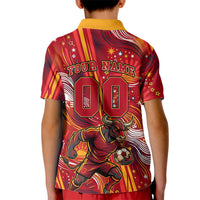 Personalized Spain Football Bull Mascot Kid Polo Shirt Dynamic Spanish Sunburst Abstract Flame