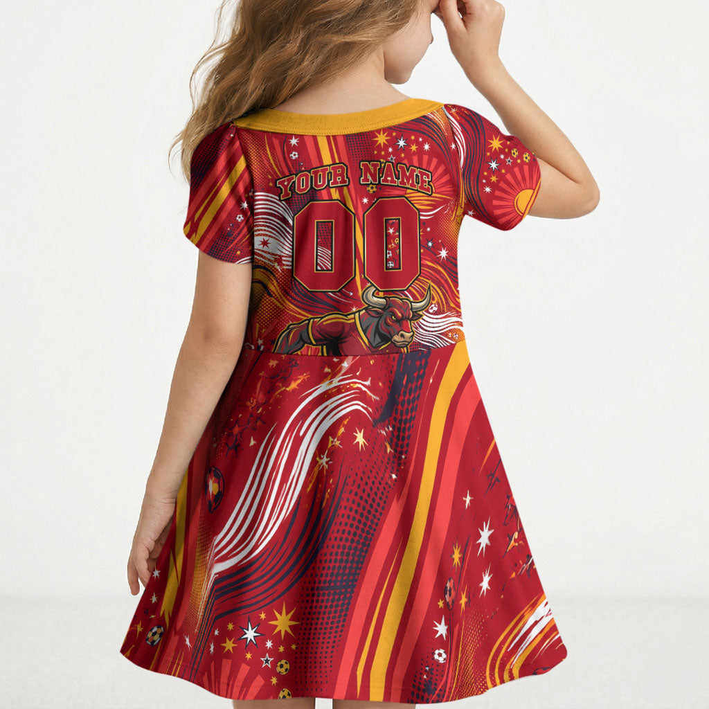 Personalized Spain Football Bull Mascot Kid Short Sleeve Dress Dynamic Spanish Sunburst Abstract Flame