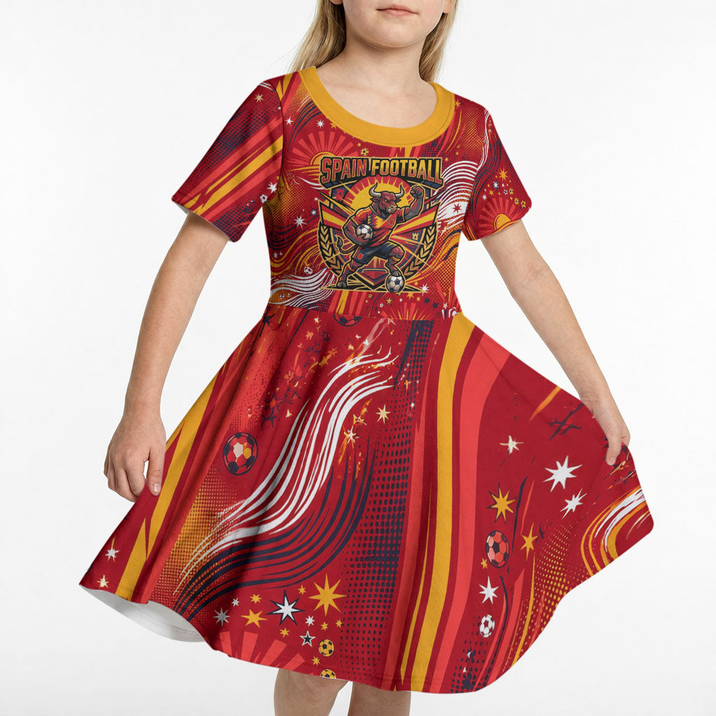 Personalized Spain Football Bull Mascot Kid Short Sleeve Dress Dynamic Spanish Sunburst Abstract Flame