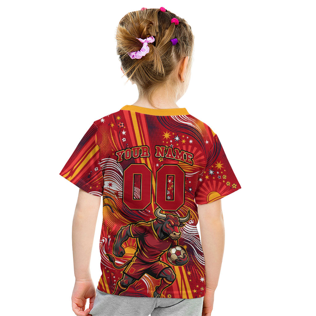 Personalized Spain Football Bull Mascot Kid T Shirt Dynamic Spanish Sunburst Abstract Flame