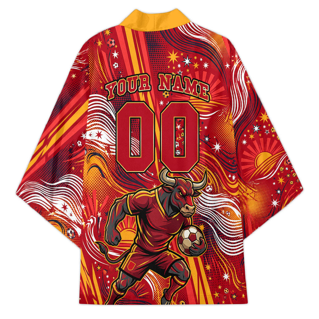 Personalized Spain Football Bull Mascot Kimono Dynamic Spanish Sunburst Abstract Flame