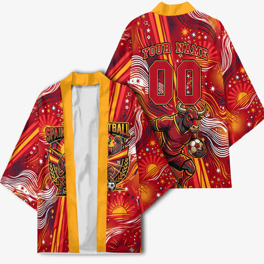 Personalized Spain Football Bull Mascot Kimono Dynamic Spanish Sunburst Abstract Flame