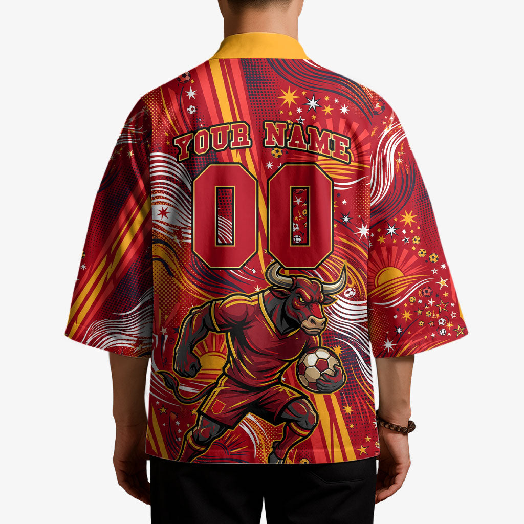 Personalized Spain Football Bull Mascot Kimono Dynamic Spanish Sunburst Abstract Flame