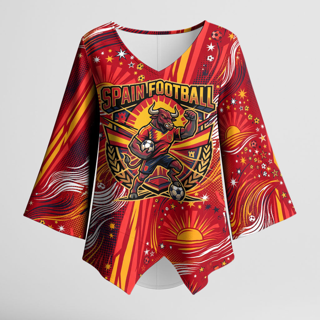 Personalized Spain Football Bull Mascot Kimono Sleeve Blouse Dynamic Spanish Sunburst Abstract Flame
