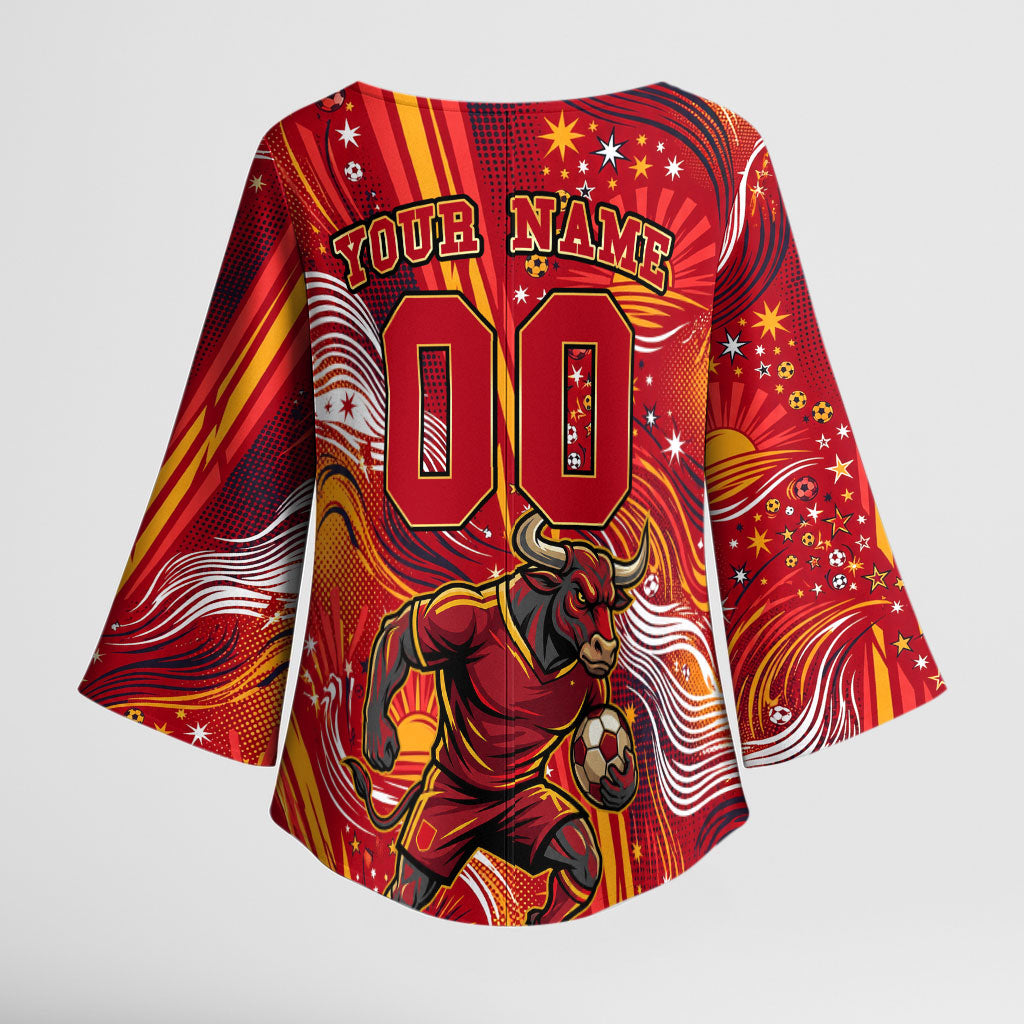 Personalized Spain Football Bull Mascot Kimono Sleeve Blouse Dynamic Spanish Sunburst Abstract Flame