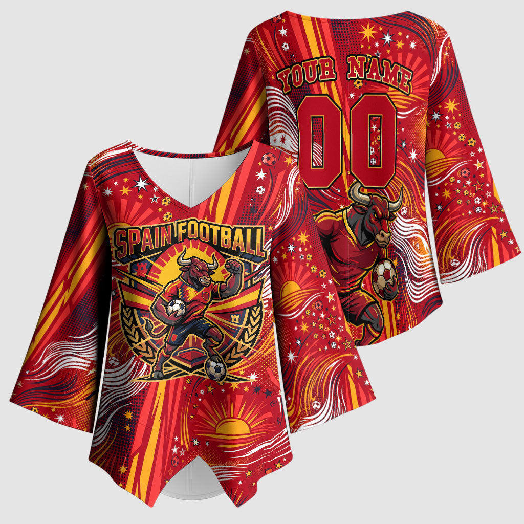 Personalized Spain Football Bull Mascot Kimono Sleeve Blouse Dynamic Spanish Sunburst Abstract Flame