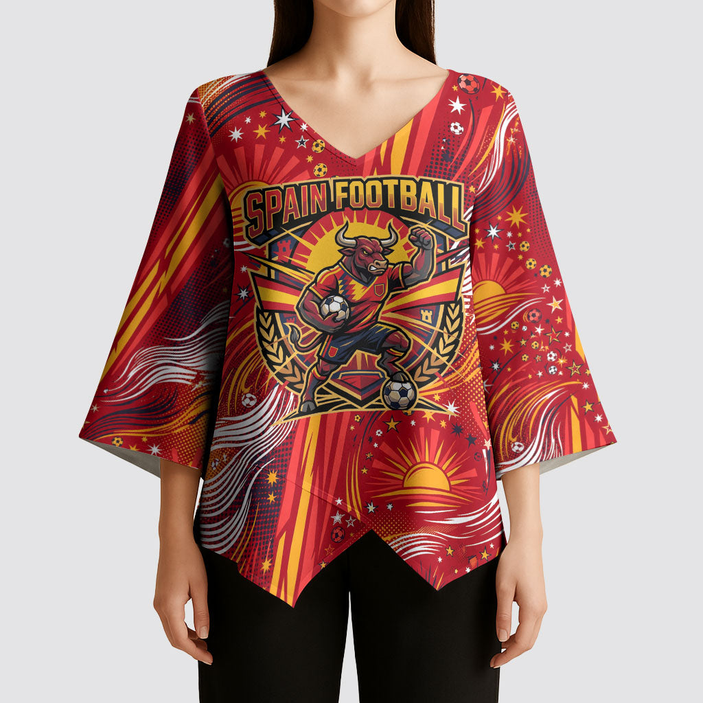 Personalized Spain Football Bull Mascot Kimono Sleeve Blouse Dynamic Spanish Sunburst Abstract Flame