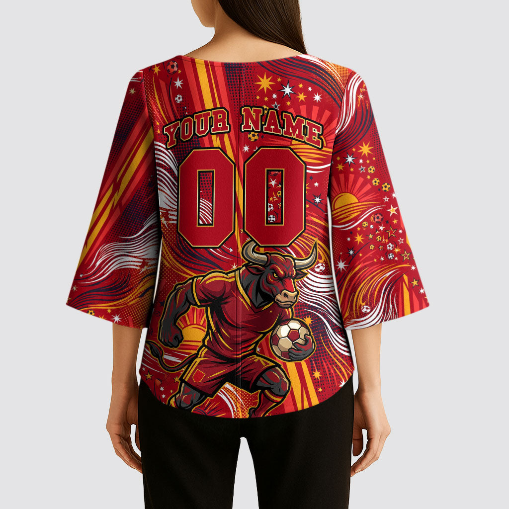 Personalized Spain Football Bull Mascot Kimono Sleeve Blouse Dynamic Spanish Sunburst Abstract Flame