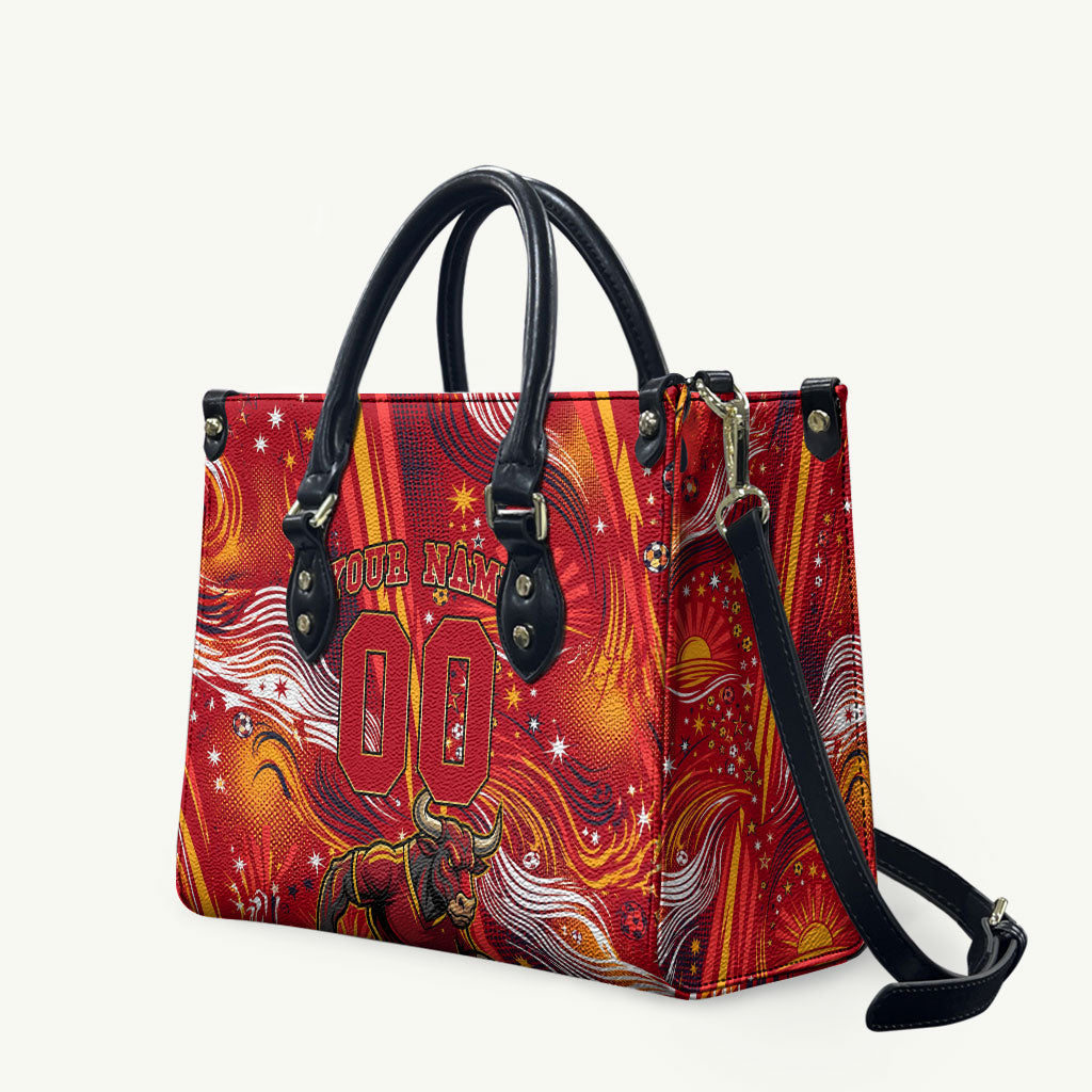 Personalized Spain Football Bull Mascot Leather Bag Dynamic Spanish Sunburst Abstract Flame