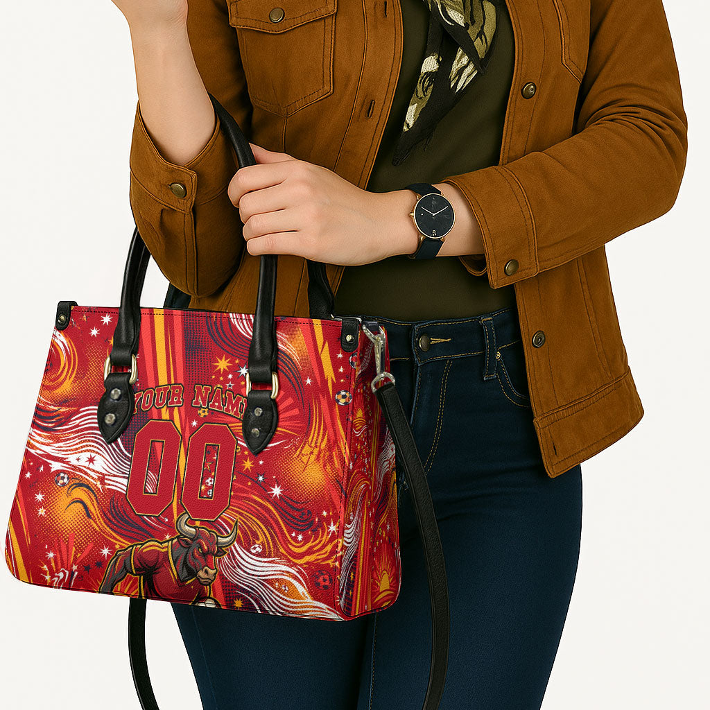 Personalized Spain Football Bull Mascot Leather Bag Dynamic Spanish Sunburst Abstract Flame