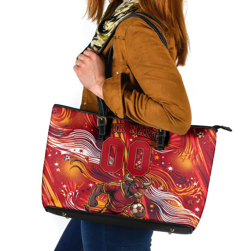 Personalized Spain Football Bull Mascot Leather Tote Bag Dynamic Spanish Sunburst Abstract Flame