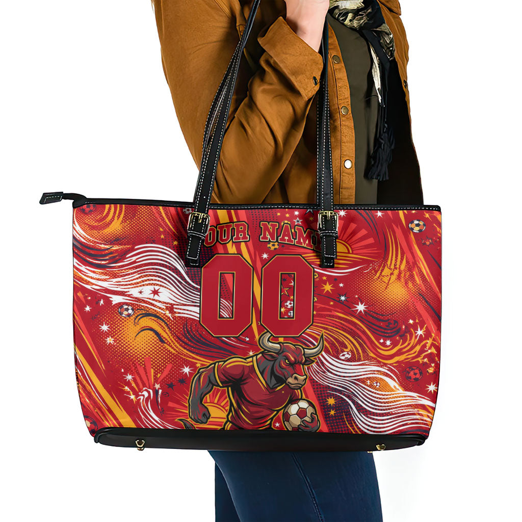 Personalized Spain Football Bull Mascot Leather Tote Bag Dynamic Spanish Sunburst Abstract Flame