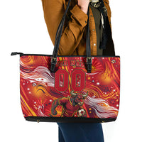 Personalized Spain Football Bull Mascot Leather Tote Bag Dynamic Spanish Sunburst Abstract Flame
